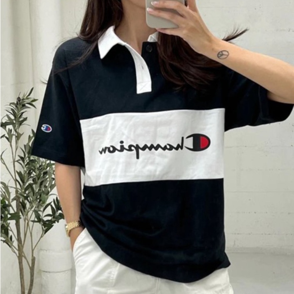 Champion Men's Middleweight Rugby Polo Script Logo Black/White MEDIUM NWOT